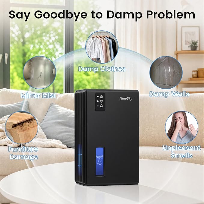 NineSky Dehumidifiers for Home, 1000 Sq.Ft Dehumidifier with 95oz Water Tank, Quiet Dehumidifier for Basement Bathroom Bedroom with 7-Color Ambient Light & Auto Shut Off, Black