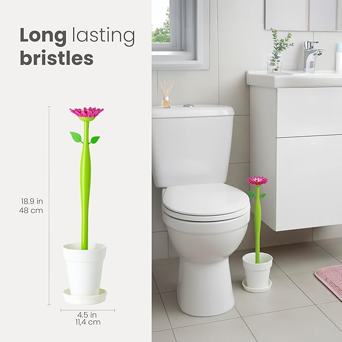 Vigar Flower Power Toilet Brush with Holder Set Toilet Brush with Daisy-shaped Handle, Flowerpot Base with Saucer Durable Bristles for Bathroom, White