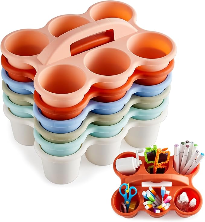 party greeting 6 Pack Classroom Caddy with Handle Plastic Storage Table Caddy Organizer with 6 Compartments Morandi Cup Caddy Organizer for Table Crayon Pencil Office School Supply