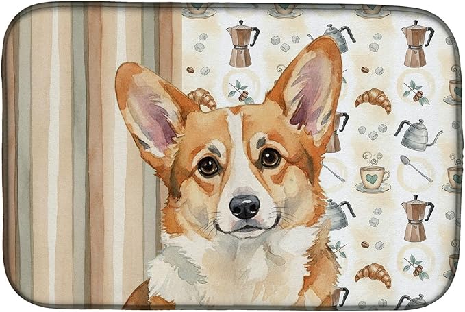 Caroline's Treasures Corgi Coffee Bar Dish Drying Mat Absorbent Dish Drying Mat Pad for Kitchen Counter Dish Drainer Mat for Countertop, 14 x 21", Multicolor