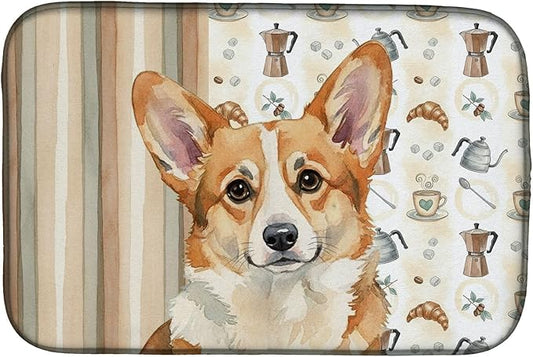 Caroline's Treasures Corgi Coffee Bar Dish Drying Mat Absorbent Dish Drying Mat Pad for Kitchen Counter Dish Drainer Mat for Countertop, 14 x 21", Multicolor