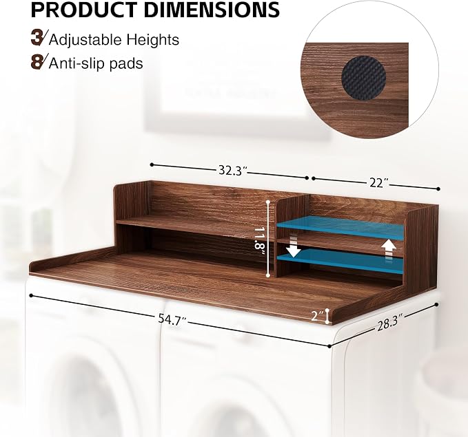 2 Tier Wooden Washer Dryer Topper, Large Laundry Countertop Cover, Walnut | Washer And Dryer Topper Non-Slip Pads,Over Washer And Dryer Shelves For Clothes Folding,Space Saving Laundry Room Organizer