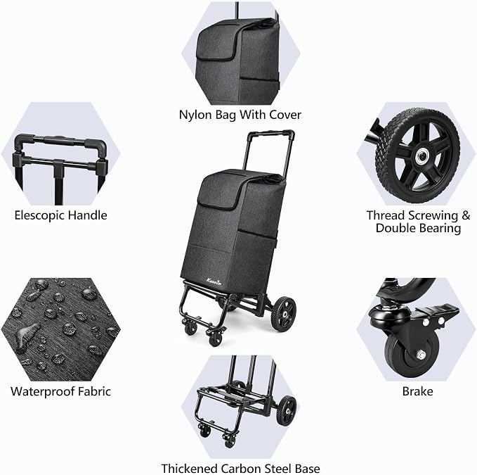 KEDSUM 3 in 1 Shopping Cart with Wheels, 60L/250LBS Multi Use Grocery Cart with 7" Big Wheels & Removable Waterproof Bag, Personal Shopping Carts for Groceries, Telescoping Handle & Thickened Steel