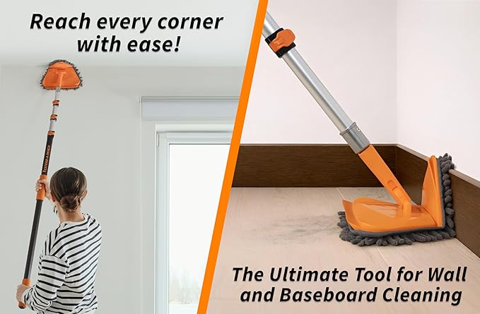 5-8 ft Wall Cleaner Tool with Extension Pole // 3-in-1 Wall Washer Mop for Painted Walls, Baseboards, Windows and High Ceilings // Long Handle Wall and Baseboard Cleaning Mop with 4 Replacement Pads