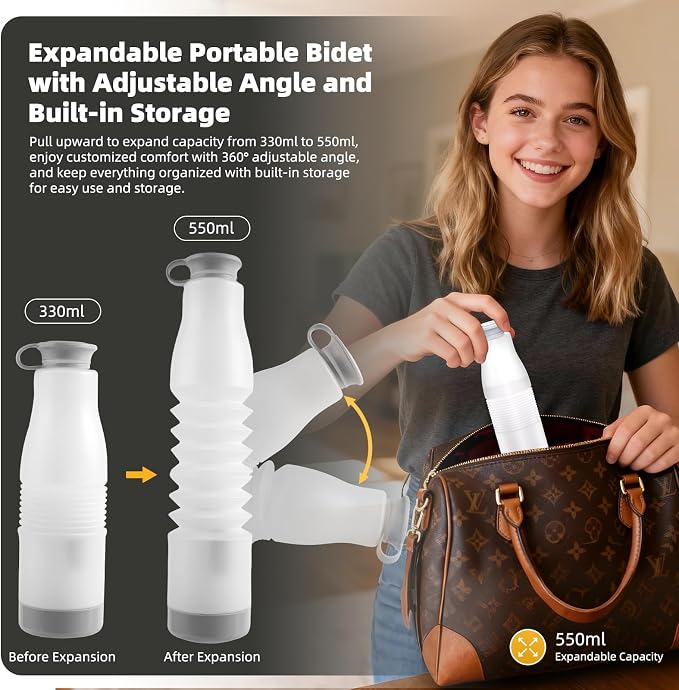 Hibbent 2 Pack Portable Bidet for Travel, High Pressure Electric Handheld Bidet Sprayer, 350-550ML Expandable Bottle for Personal Hygiene, USB-C Rechargeable Waterproof Sprayer for Women & Men, White