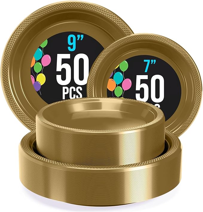 Exquisite Party Solids Gold Plates Disposable Gold Plastic Plates 100 Pieces - 50-7" & 50-9" Heavy Duty 350 GSM Disposable Dinnerware Sets, Plastic Dinnerware Sets