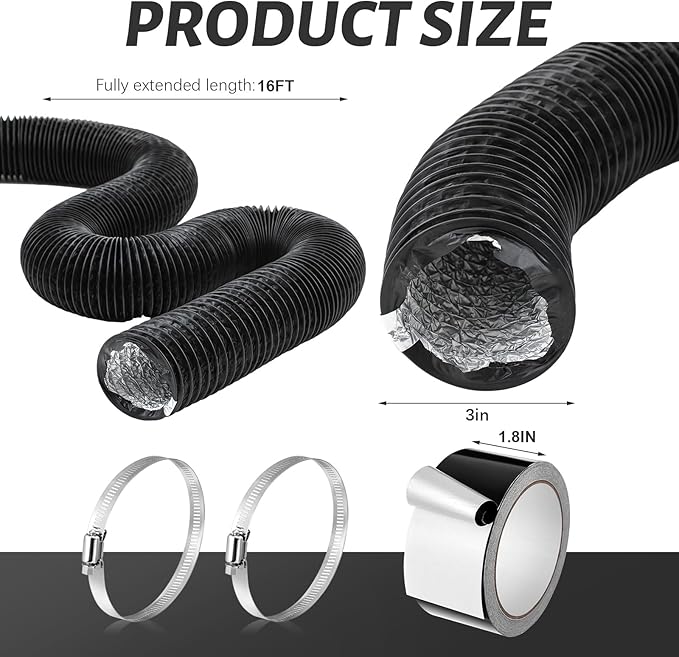 Zonon Dryer Vent Hose 3 Inch x 16 Feet Flexible Aluminum Foil Ducting Non Insulated with Stainless Steel Clamps and Aluminum Tape for Pipe, HVAC Heating Cooling Ventilation and Exhaust(Black)
