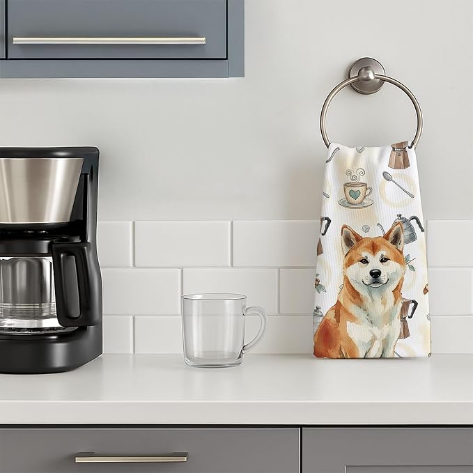 Caroline's Treasures Red Akita Coffee Bar Kitchen Towel Velour Plush Front and Cotton Loop Back Machine Washable