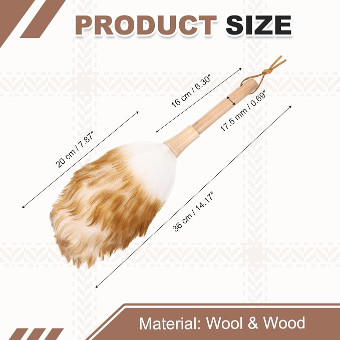 uxcell Wool Duster, 14.2" Natural Feather Cleaner Household Cleaning Duster with Solid Wooden Handle for Cleaning Fans Window Blinds Shelves Furniture, White Coffee