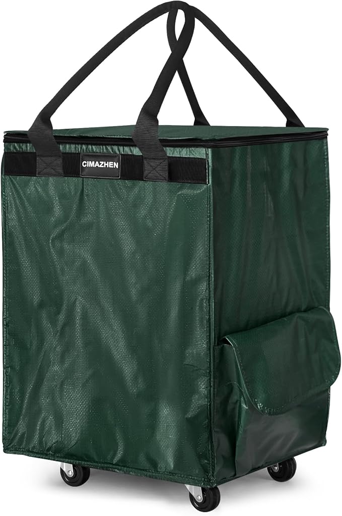 (Medium,Green) Reusable Grocery Bag on 4 Wheels, 70L Foldable Rolling Tote Bag with 3 Handles and Zipper, Rolling Shopping Cart for Groceries, Storage, Laundry, Travel, Organizer, 76lb