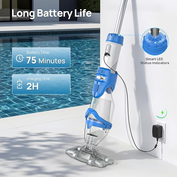 Consciot Upgraded Pool Vacuum for Above Ground & Inground Pool, 75-Min Runtime, 113" (9.4FT) Telescopic Pole, 22 GPM Suction, 2L Capacity, 4 Filters; Ideal for Spa, Hot Tub & Pool Stairs