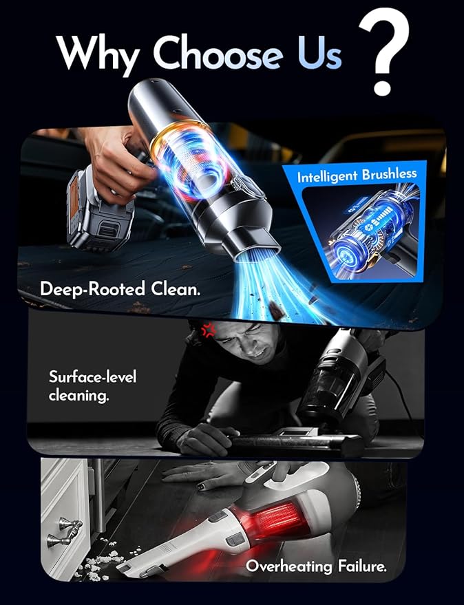 Cordless Vacuum Cleaner, 58000PA Handheld Vacuum Cordless, 9-in-1 Car Vacuum Portable Cordless for Detailing & Pet Hair, Powerful Rechargeable Vacuum Cleaner for Car, Keyboard & Couch.