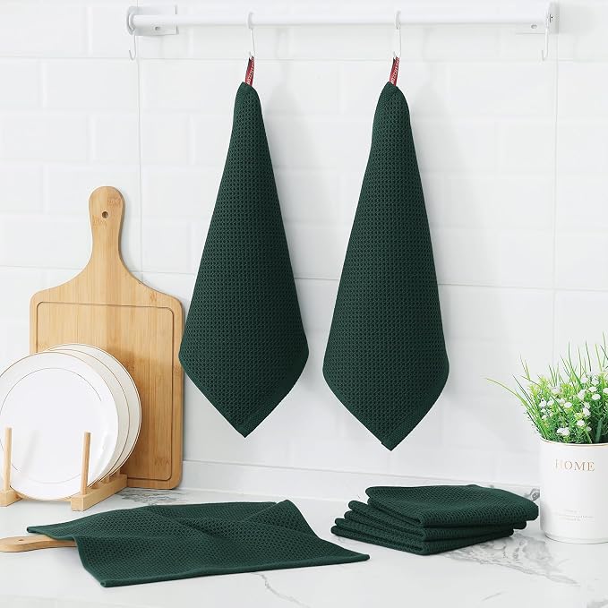 Kitinjoy 100% Cotton Kitchen Dish Cloths (12 X 12 Inches, Blackish Green), 12 Pack Waffle Weave Ultra Soft Absorbent Dish Towels for Drying Dishes Quick Drying Kitchen Towels Dish Rags