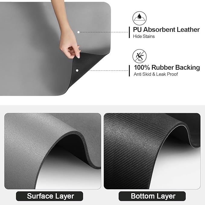 Ecotrim - Dish Drying Mat for Kitchen Counter | Coffee Bar Mat for Countertops | Heat Resistant Drainer Mat with Non-slip Rubber Backed | Hide Stain Kitchen Absorbent Draining Mat | Grey 16"x20"