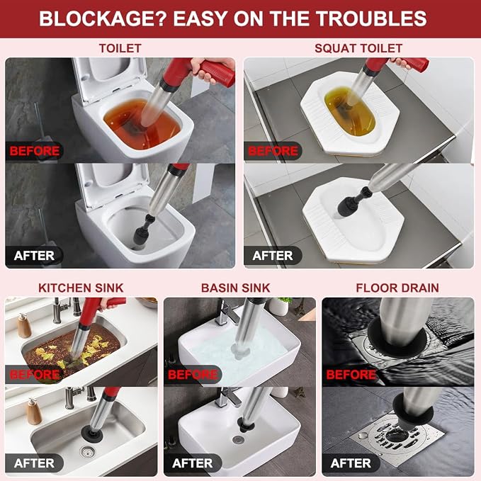 Electric Toilet Plunger High Pressure Electric Air Drain Blaster Gun with Visual Barometer，Air Power Plunger for Bathroom,Kitchen Bathtub Toilet Floor Drain Clogged Pipe