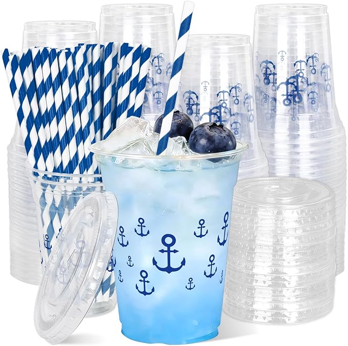 Whaline 50 Pcs 12 Oz Nautical Disposable Plastic Cups with Lids and Straws Navy Blue Anchor Cold Beverage Drinking Cup for Ocean Birthday Summer Party Supplies