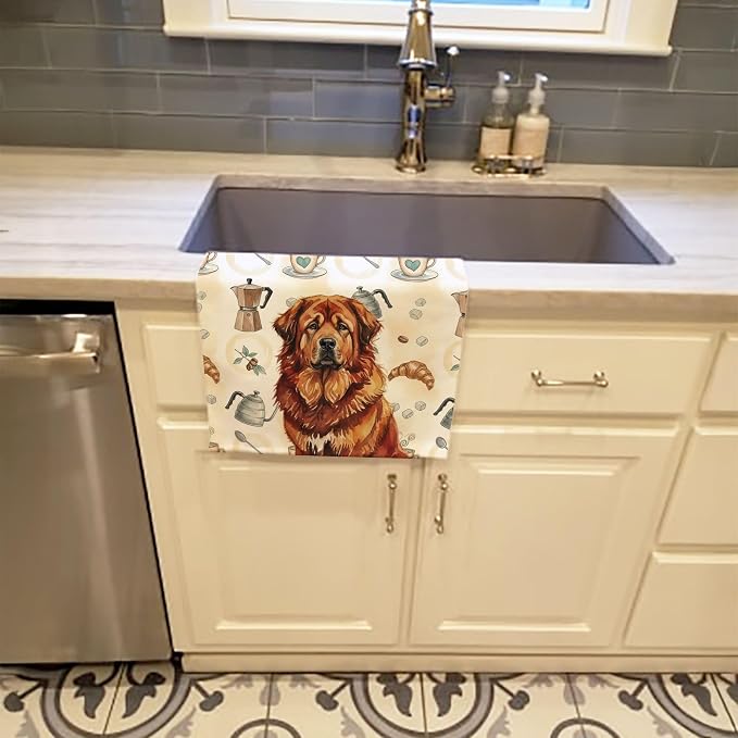 Caroline's Treasures Red Gold Tibetan Mastiff Coffee Bar Kitchen Towel Velour Plush Front and Cotton Loop Back Machine Washable