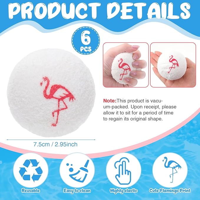 FoldTier 6 Pack Hot Tub Scum Absorber Balls, 3 Inch Flamingo Pattern Floating Pool Spa Cleaner, Washable Reusable Hot Tub Absorber Accessories for Oils Lotions, Prevents Scum Lines & Filter Clogs