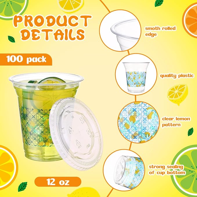 Umigy 100 Pack Plastic Disposable Cups with Lids and Straws 12 oz Disposable Cups for Juice Water Coffee Summer Party Sports Party Supplies (Capri Lemon)