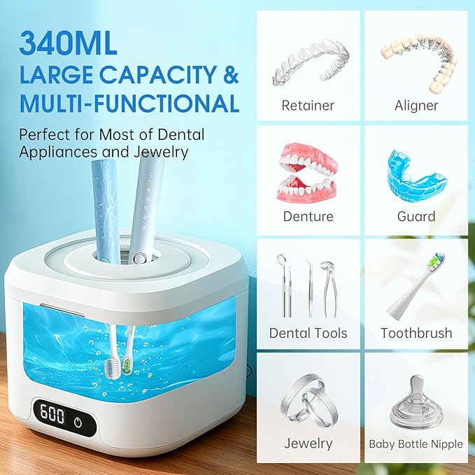 Ultrasonic Retainer Cleaner Machine with UV Light, 49kHz Dental Pod Cleaner with Digital Timer, 340ML Stainless Steel Tank for Retainer, Aligners, Dentures, Mouth Guards, Night Guards & Jewelry, White