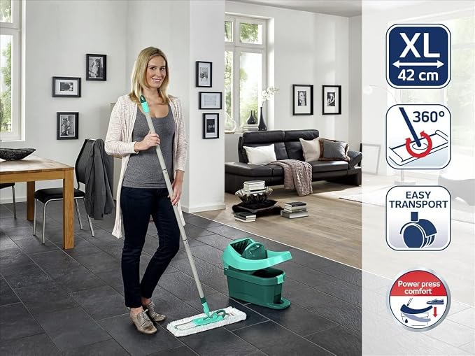 Leifheit Floor Cleaning Profi XL Mop and Bucket Set – 42 cm Microfibre Mop for Large Floors with 360° Joint, Foot-Pedal Wringing System, Heavy Duty 8 L Bucket, Easy Moist or Wet Cleaning, Turquoise
