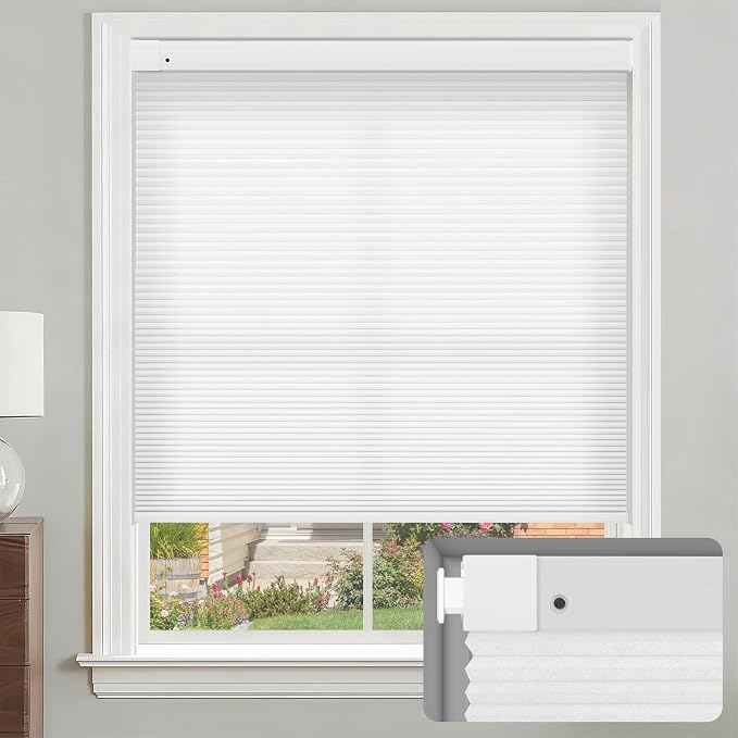 No Drill Cellular Shades, White 22 1/2" W x 48" H Cordless Light Filtering Pull Down Pleated Honeycomb Blind Thermal Insulated Easy Install for Indoor Window Bedroom Living Room Kitchen