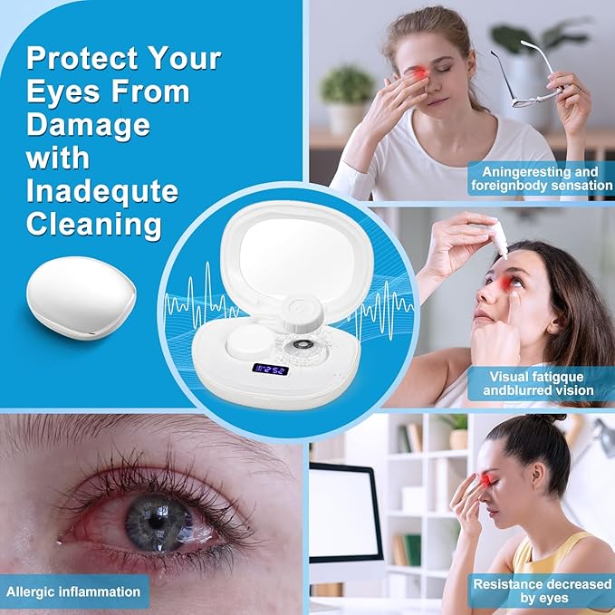 Contact Lens Cleaner, Portable Ultrasonic Contact Lens Cleaning Machine with USB Charger, LED Timer Display & 5 Contacts Solution Cases Kit for Soft Hard Colored RGP Lenses (White)