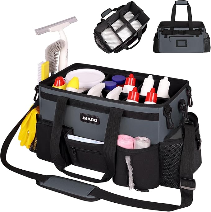 JKAOO Large Wearable Cleaning Caddy Bags,Cleaning Supplies Storage Bag with Handles and Adjustable Shoulder Strap and Removable Waist Straps,Waterproof Cleaning Bags for Home,Car,Office (Gray)
