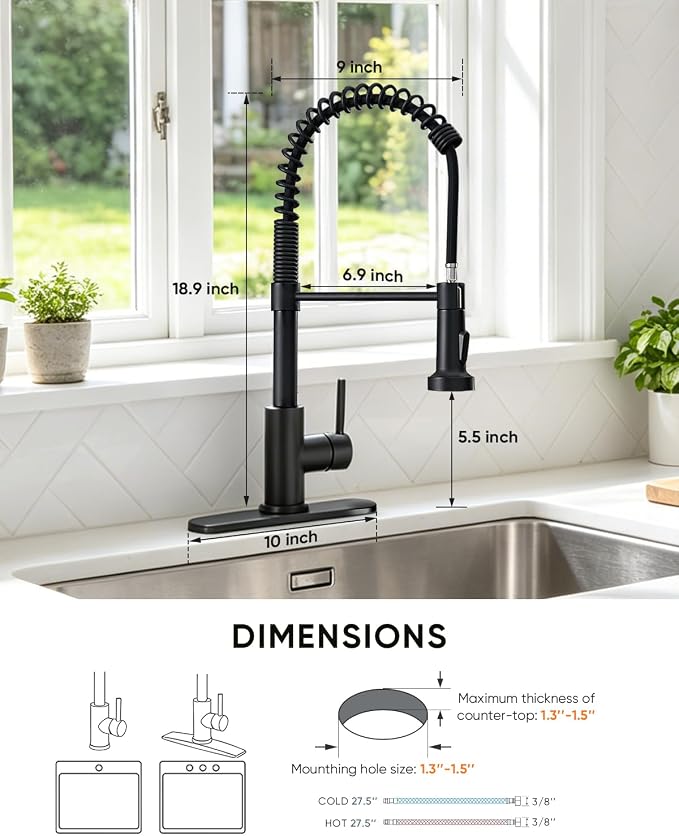 Black Kitchen Faucet with Pull Down Sprayer, Stainless Steel Single Handle Pull Out Kitchen Sink Faucets for Pot Filler, Farmhouse Camper Bar Laundry Room