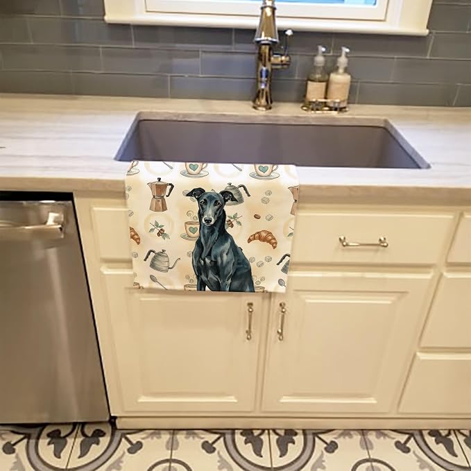 Caroline's Treasures Black Greyhound Coffee Bar Kitchen Towel Velour Plush Front and Cotton Loop Back Machine Washable