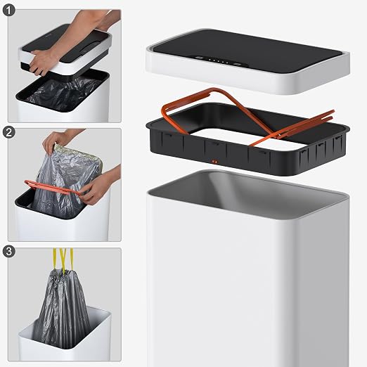 Mbillion Automatic Trash Can Touchless 15 Gallon Motion Sensor Trash Can Stainless Steel Smart Trash Cans with Lid Rectangular Touchless Garbage Can for Kitchen Bedroom Home Office White