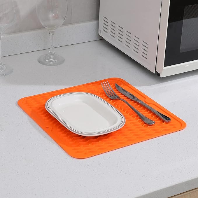 MicoYang Silicone Dish Drying Mat for Multiple Usage,Easy clean,Eco-friendly,Heat-resistant Silicone Mat for Kitchen Counter or Sink,Refrigerator or Drawer liner Orange M 12 inches x 12 inches
