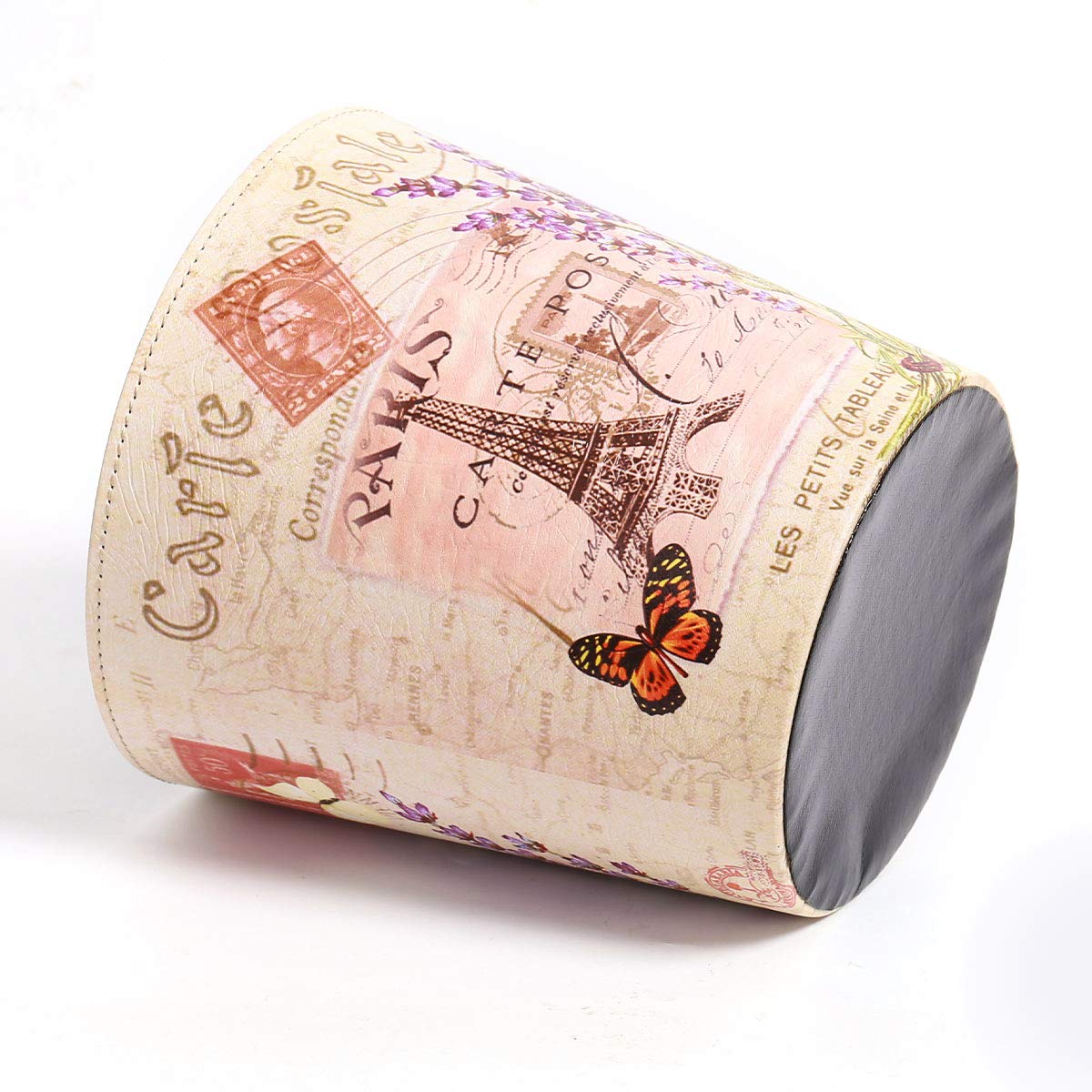 PU Leather Small Trash Can Wastebasket, Round Garbage Container Basket for Bathrooms, Laundry Room, Kitchens, Offices, Kids Rooms, Bedrooms,Dorms,Home Decorative Art Bin, 2.9 Gallon(Lavender Design)