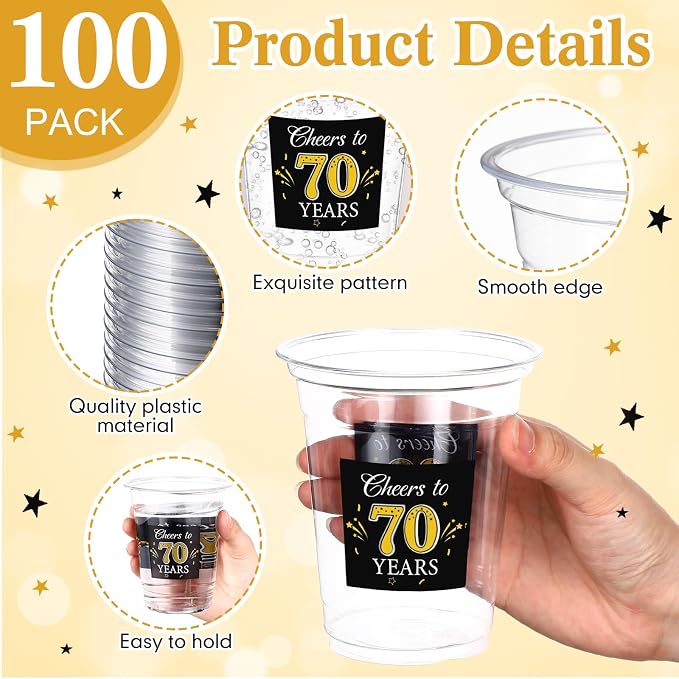 Funnymoom 100 Pack 70th Birthday Cup 12 oz Cheers to 70 Years Happy Birthday Disposable Clear Plastic Cups for Him Men Women Wedding Anniversary Decorations Party Favors