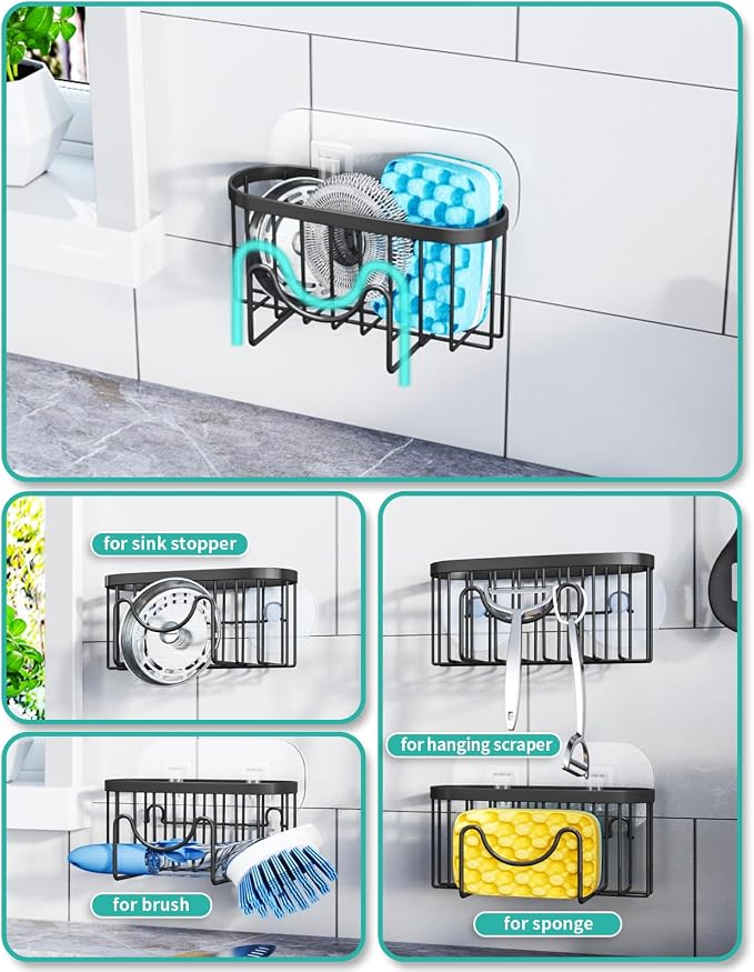 HapiRm Multifunctional Kitchen Sink Caddy with Drain Tray + Rustproof & Waterproof Sponge Holder for Kitchen Sink - Silver, Black