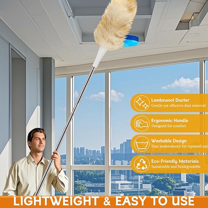 Madrigal 72" Extendable Lambswool Feather Duster for Cleaning,Washable and Reusable Long Handle Handheld Feather Duster for High Places, Home,Office Cleaning