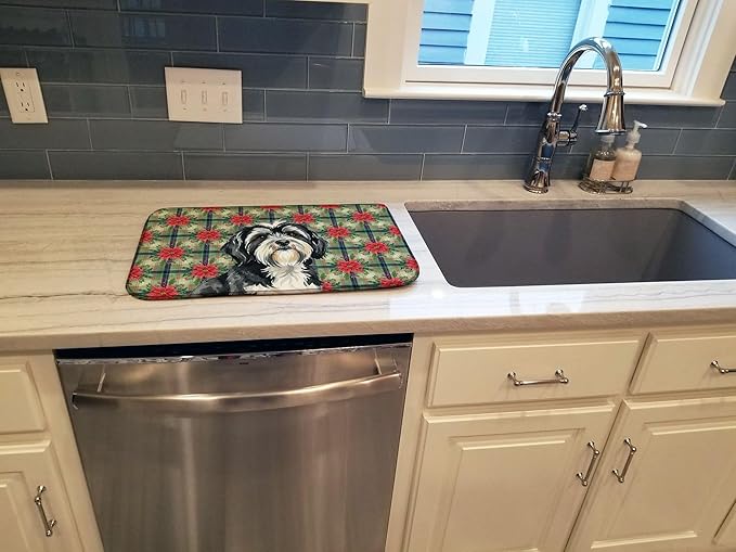 Caroline's Treasures Black and White Tibetan Terrier Christmas PoinsettIas Dish Drying Mat Absorbent Dish Drying Mat Pad for Kitchen Counter Dish Drainer Mat for Countertop, 14 x 21", Multicolor