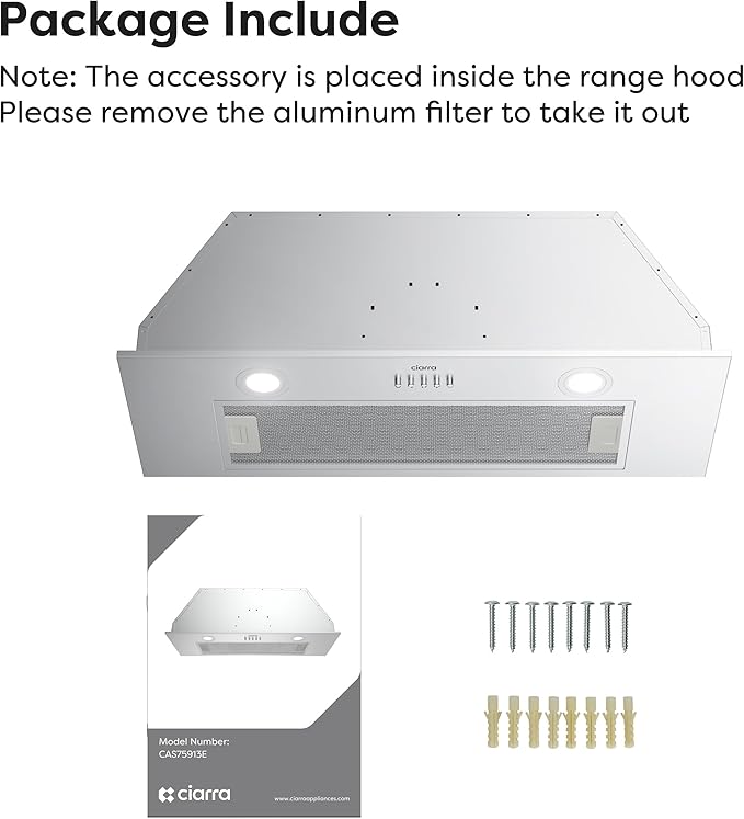 CIARRA 30 Inch Insert Range Hood, 650CFM Built-in Kitchen Stove Vent Hood, 3 Speed Push Button Control, 2 LED Lights & 5-Layer Reusable Aluminum Filters