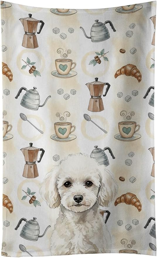 Caroline's Treasures Toy White Poodle Coffee Bar Kitchen Towel Velour Plush Front and Cotton Loop Back Machine Washable