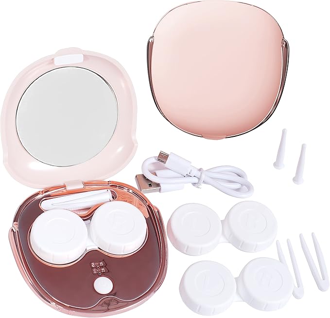 Contact Lens Cleaner Machine, Portable Ultrasonic Cleaning with USB Charger Mirror Tweezers Remover Tool Replaceable Contact Lens Case for Daily Outdoor (Pink)