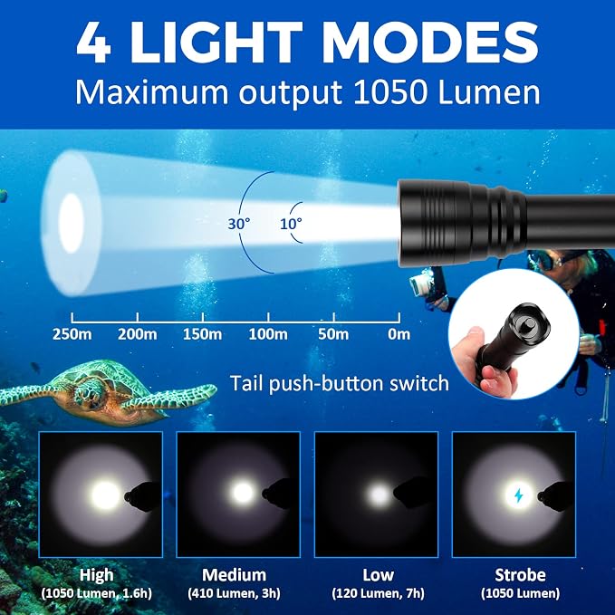 WD43PRO Scuba Diving Light, 1050 Lumens Dive Torch, Underwater 150m Waterproof Flashlight with Wrist Strap, 4 Modes Compact Backup Light for Night Diving, Snorkeling, Cave