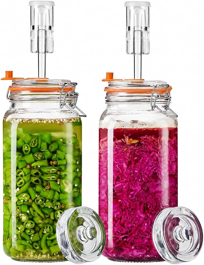 2L Wide Mouth Fermentation Jars, Pack of 2 Complete Fermenting Kit with Airlocks & Glass Weights for Sauerkraut, Kimchi & Pickles