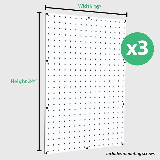 WallPeg Pegboard Panel and Accessory Kit – 3 Count Large White Peg Board Panels with 36 Self-Locking FlexLock Peg Hooks for Home, Garage, Tool Storage