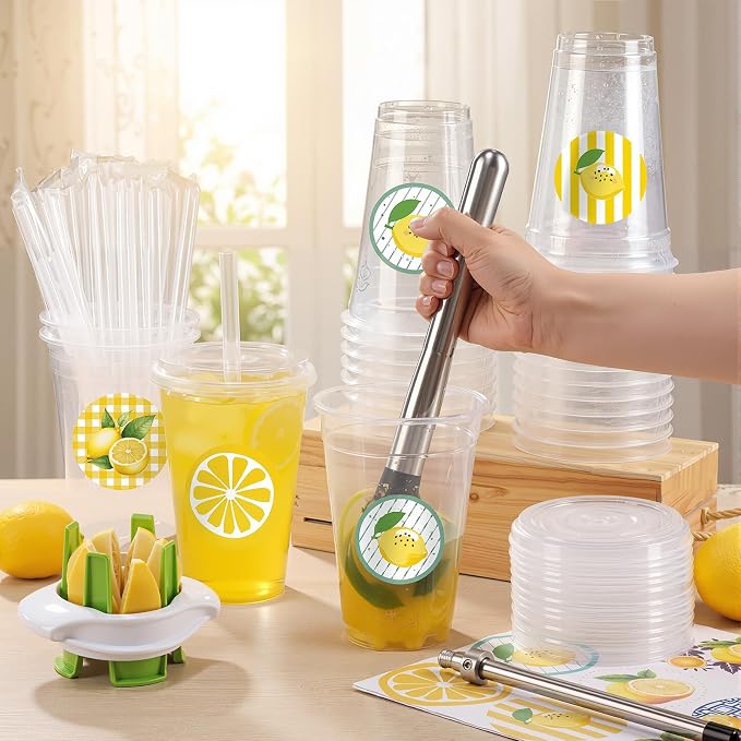 Yungyan 25 Sets Lemonade Cups with Lids Straws 32 oz Clear Plastic Cups Include Lemon Slicer, Muddler, Straw Puncher, Stickers and Straw Brush Summer Lemonade Stand Supplies Kits for Lemon Bar