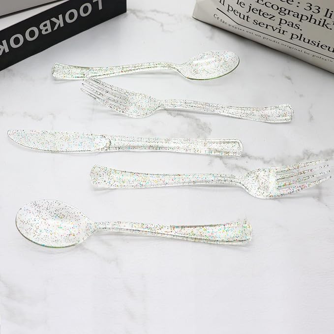 150 Pack Clear Plastic Silverware - Disposable Cutlery with Colorful Design, Includes 50 Forks, 50 Knives, 50 Spoons for Birthday, Wedding, Baby Shower