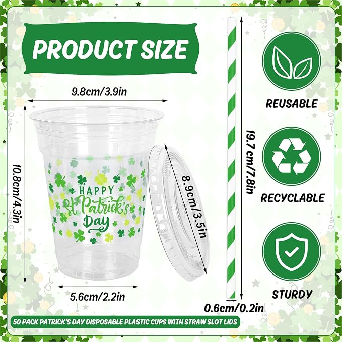 JarThenaAMCS 50Pcs St. Patrick's Day Plastic Cups with Lids and Straws 12oz Disposable Shamrock Drinking Cups Green Lucky Clover Cold Beverage Cups for Irish Holiday Beer Party Supplies