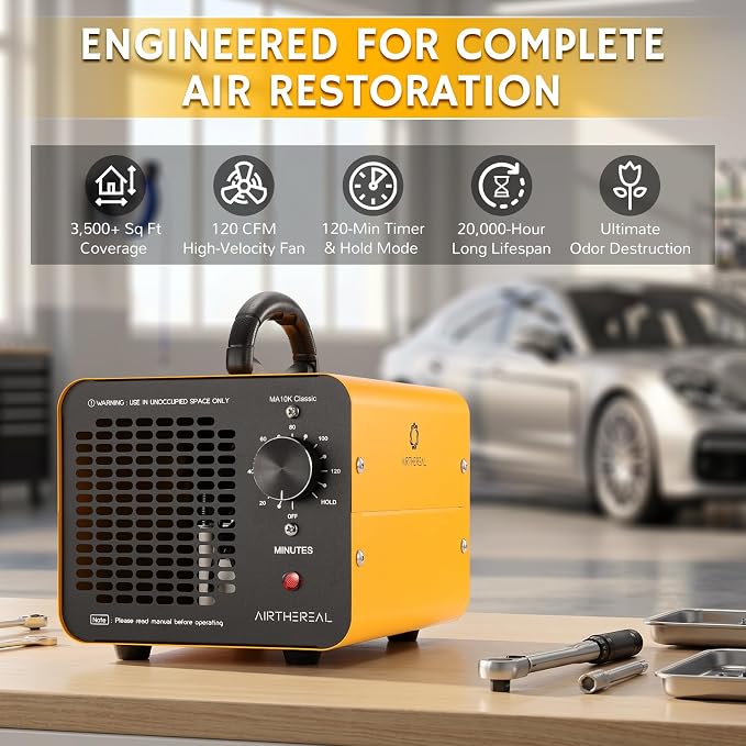 Airthereal MA10K Classic Ozone Generator, Commercial Ozone Machine for 3500+ Sq Ft, Upgraded Honeycomb O3 Air Purifier Odor Eliminator for Smoke, Pets, Mold & Basements, Yellow