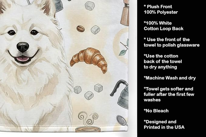 Caroline's Treasures Cream Samoyed Coffee Bar Kitchen Towel Velour Plush Front and Cotton Loop Back Machine Washable