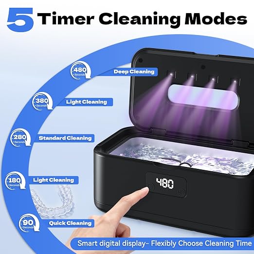 Ultrasonic Jewelry Cleaner, 50Khz Jewelry Cleaner Ultrasonic Machine for Jewelry, Eyeglasses, Rings, Watch Strap, Dentures, 24oz - 304 Stainless Steel Tank, Digital Timer, 5 Cleaning Modes