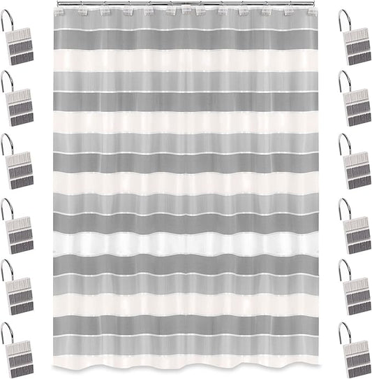 Zahari Home 13pc Modern Line Shower Curtain Set - Gray Luxury Contemporary Shower Curtains with Unique Design & 12 Hooks